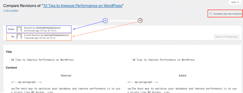 比较两个修订版本 - 来源：我的 WordPress 修订界面 