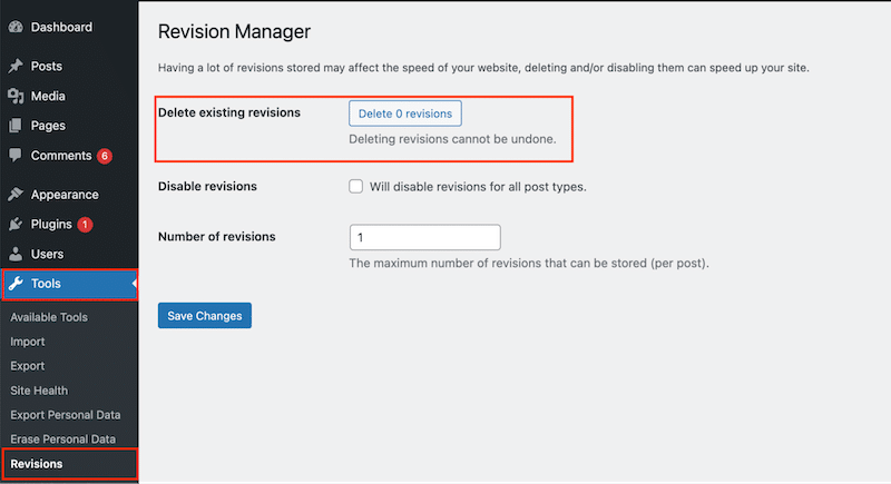 使用 Companion Revision Manager 删除 WordPress 修订 - 来源：Companion Revision Manager 插件