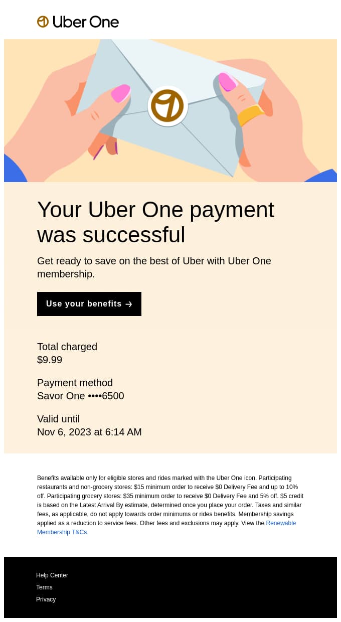 Uber 的精美交易电子邮件设计示例（图片来自Really Good Emails）