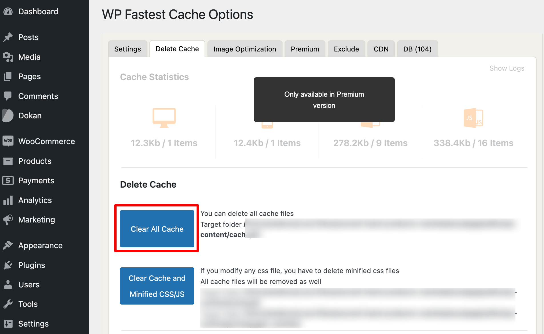 이 이미지는 WP Fastest Cache 플러그인을 사용하여 모든 캐시를 수동으로 삭제하는 방법을 보여줍니다.