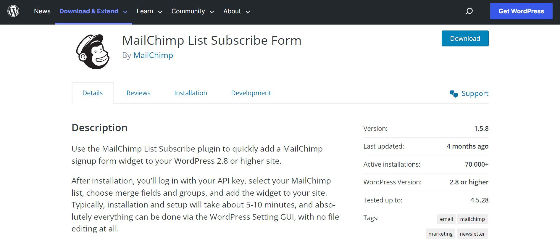 Mailchimp WordPress 集成订阅表格