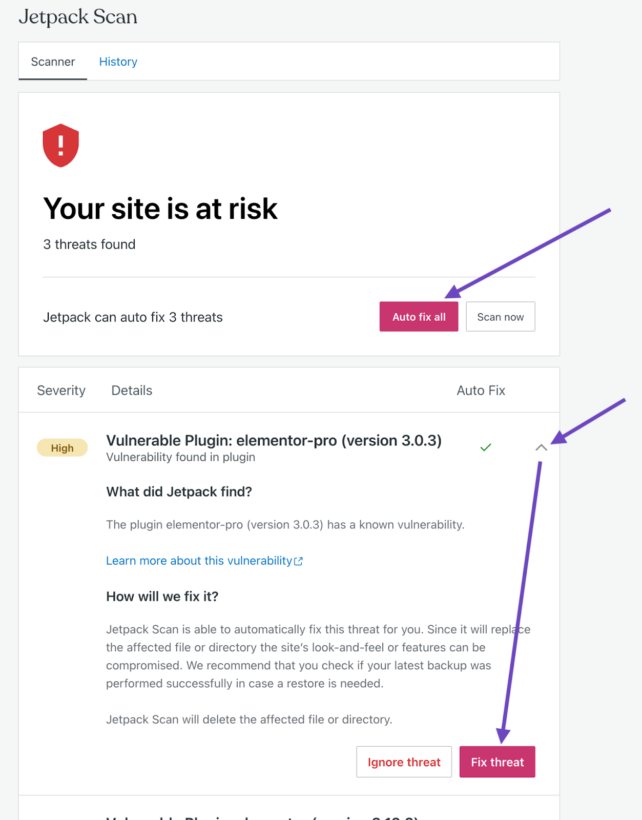 WordPress ダッシュボード スキャナーのステータスでの Jetpack スキャンには、検出された 3 つの脅威と「すべて自動修正」への行動喚起が表示されます。