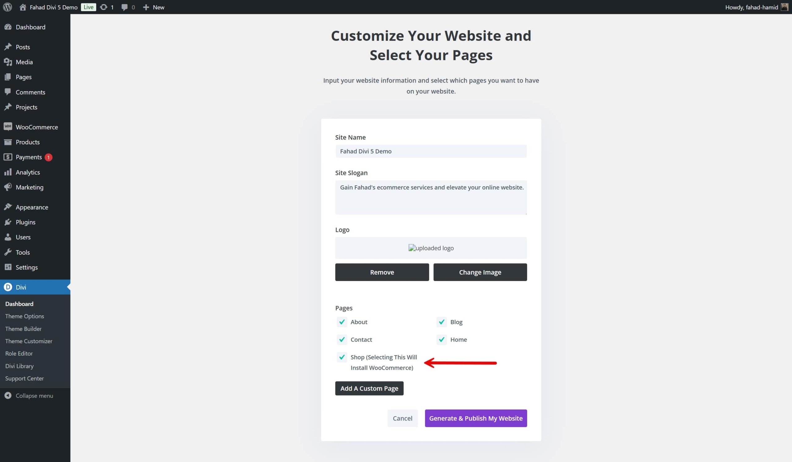 opción woocommerce de sitios rápidos divi