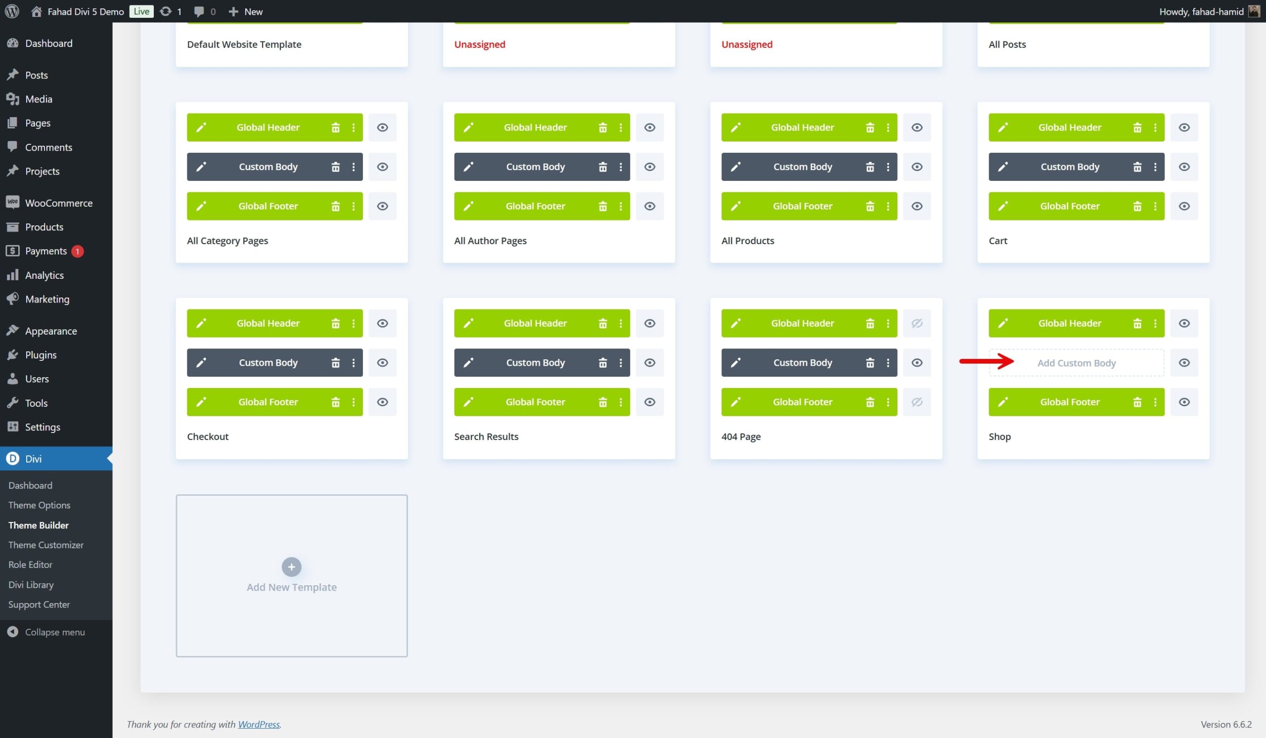 El constructor de temas Divi agrega un cuerpo personalizado.