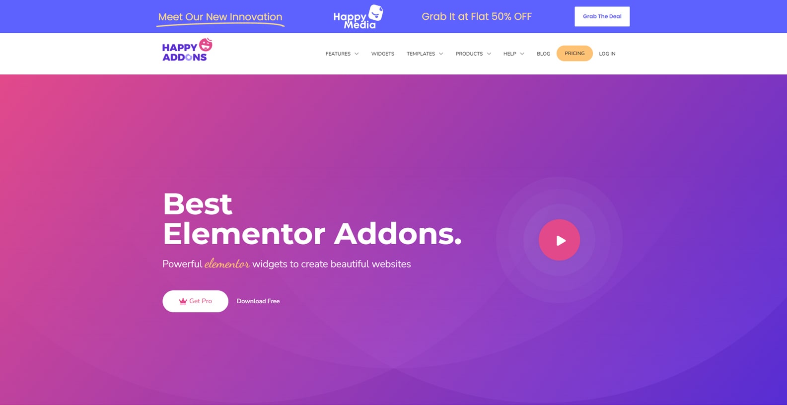 Happy Addons for Elementor のグラフィック。4 つのカルーセル カテゴリを備えた Elementor のコンテンツ豊富なウィジェット セレクションです。