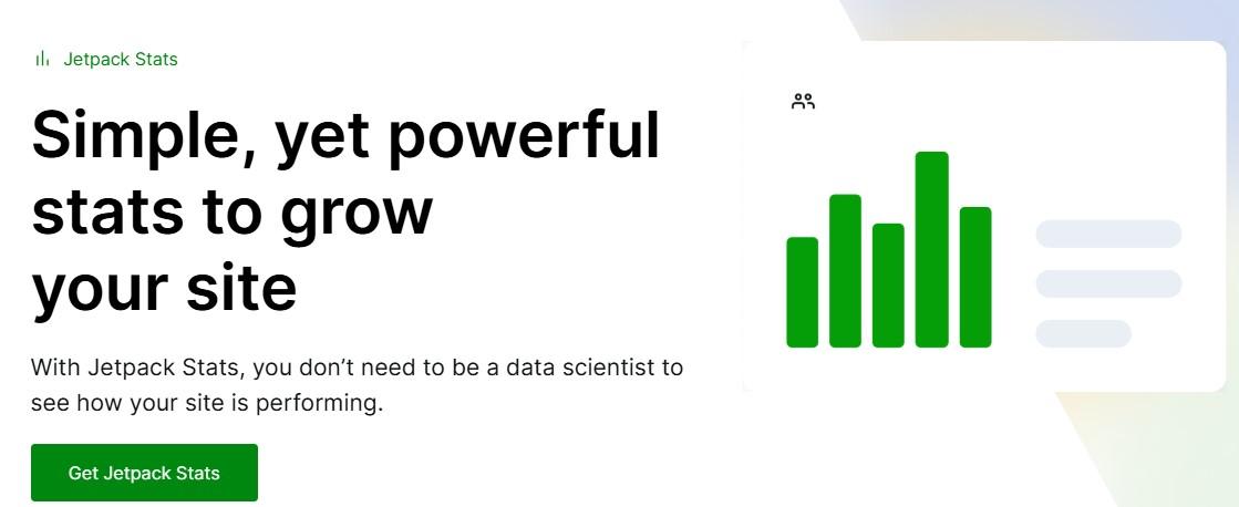Jetpack Stats ホームページ。「サイトを成長させるためのシンプルかつ強力な統計」というテキスト。