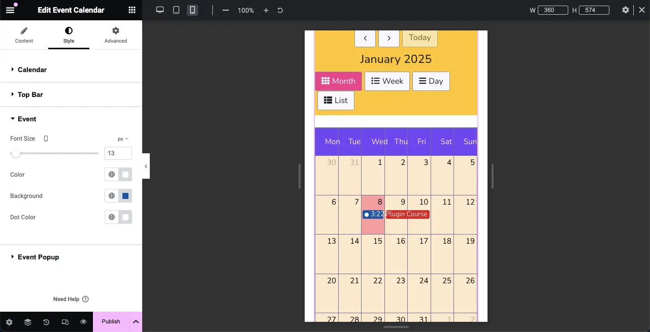 An optimized event calendar for Mobile Responsiveness