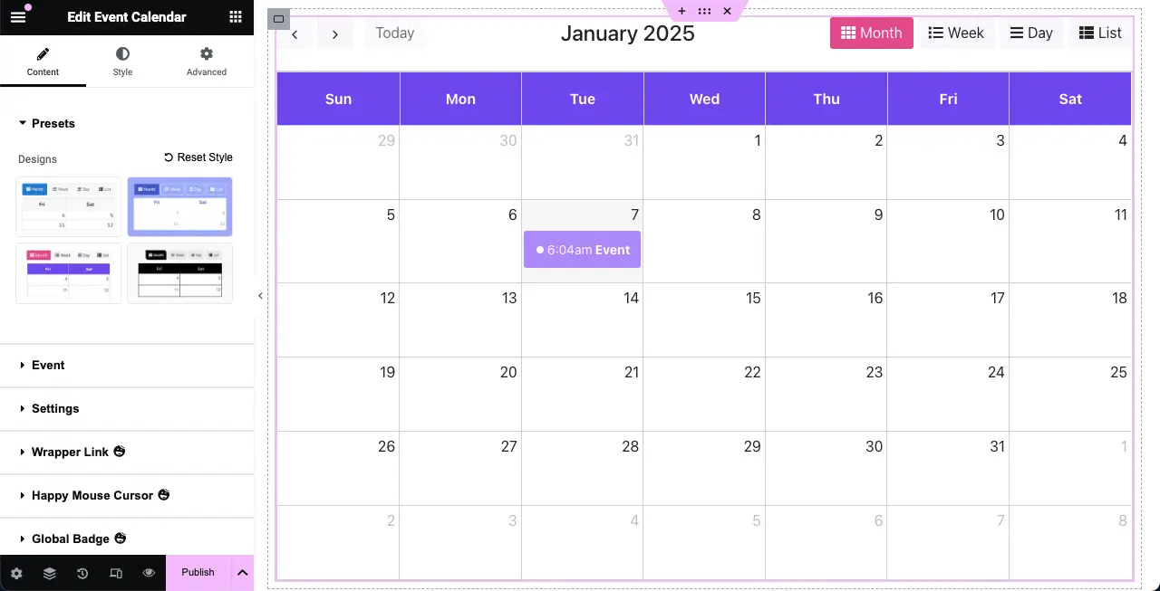 Event calendar is added to the Elementor canvas