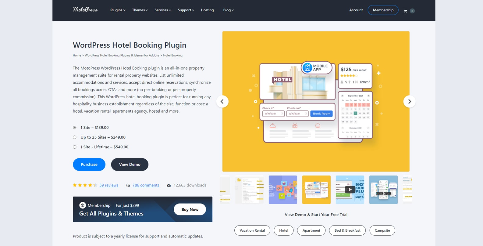 MotoPress Hotel Booking のグラフィック。季節ごとの動的な価格設定を備えた旅行予約 WordPress プラグインです。