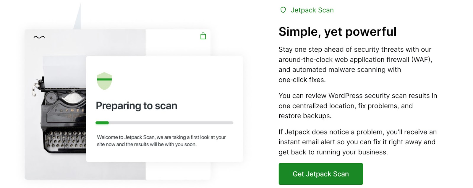 Jetpack Scan-Homepage mit dem Text „einfach, aber leistungsstark“