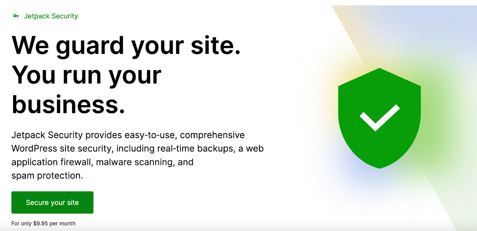 Héroe de la página de inicio de Jetpack Security con título, párrafo y llamado a la acción "proteja su sitio".