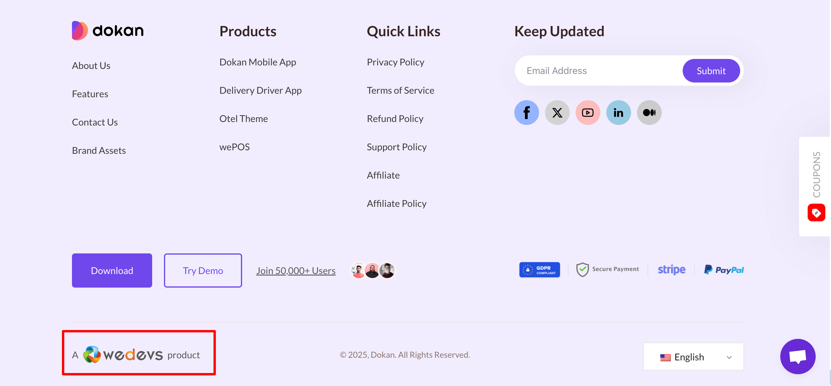 Ini adalah screenshot footer situs Dokan yang menunjukkan siapa yang merancang situs ini