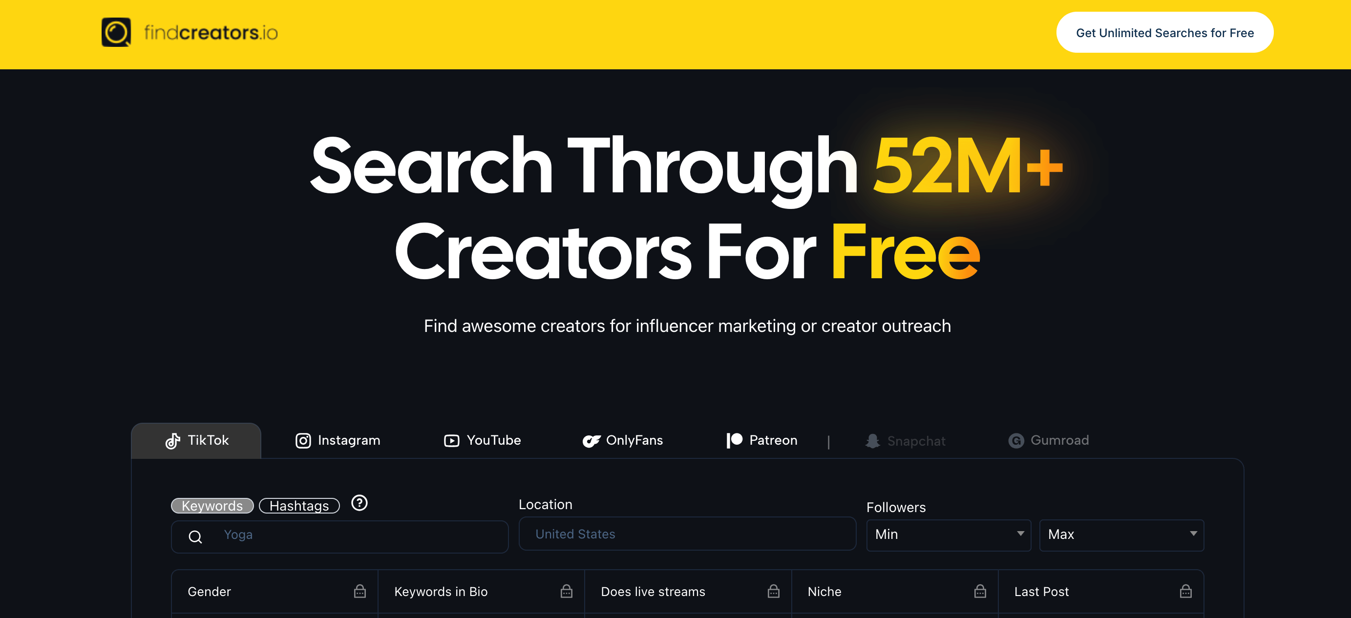 これは、findcreator Web サイトのホームページのスクリーンショットです