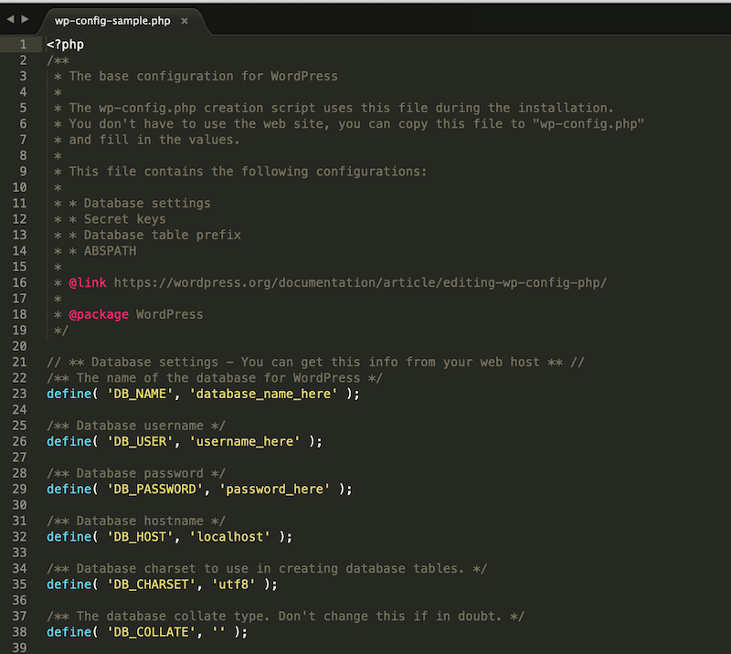 Ejemplo de configuración de base de datos y credenciales del archivo wp-config - Fuente: mi archivo wp-config 