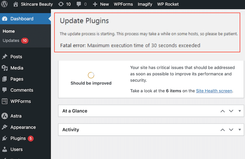 超出最大执行时间错误示例 - 来源：我的 WordPress 管理员 