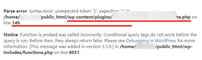 La primera línea generalmente muestra dónde ocurre el error de sintaxis - Fuente: mi archivo wp-config 