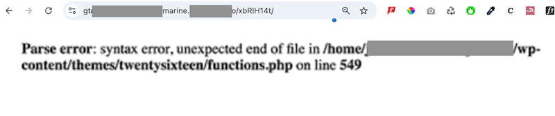 Ejemplo de un error de sintaxis de análisis - Fuente: Mi sitio de prueba de WordPress 