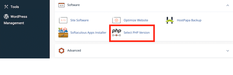 القائمة الفرعية للبرنامج لتحديث إصدار PHP الحالي – المصدر: my cPanel 