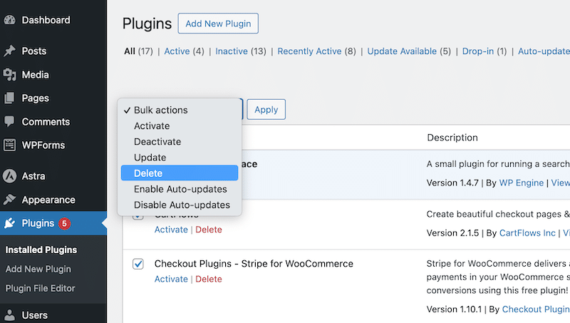 Exclusão em massa dos plug-ins do WordPress - Fonte: Meu site de teste 