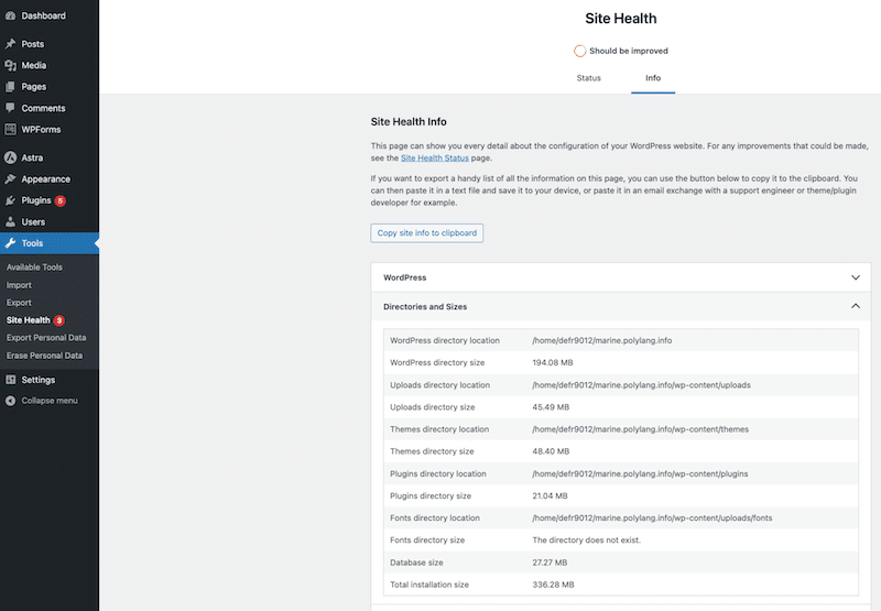 Verzeichnis und Größen meiner WordPress-Site – Quelle: mein WordPress-Administrator 