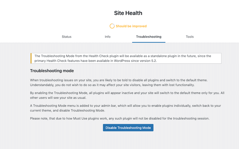 Plugin de dépannage de la section Santé du site - Source : Bilan de santé et dépannage 