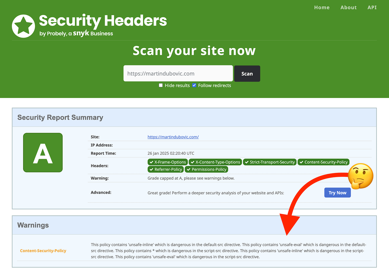 Securityheaders.com ผ่านการสแกนความปลอดภัย แต่มีคำเตือน