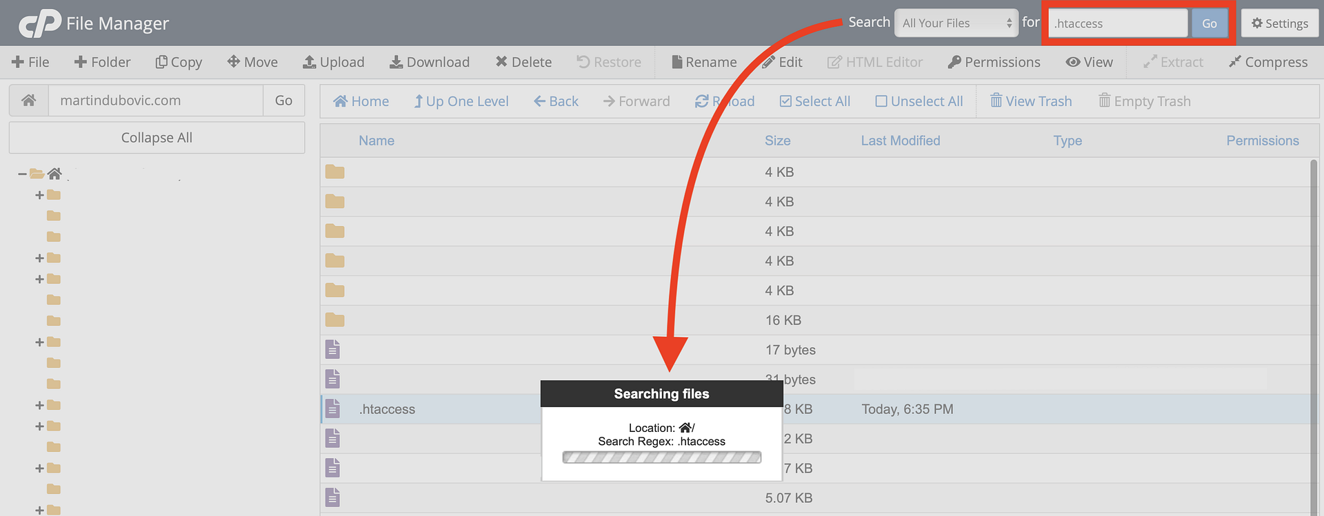 ค้นหาไฟล์. htaccess ในตัวจัดการไฟล์ cpanel