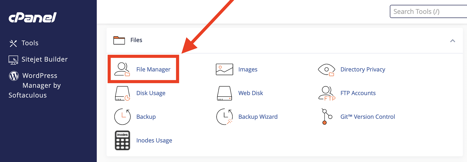 Acessando o gerenciador de arquivos via cPanel.