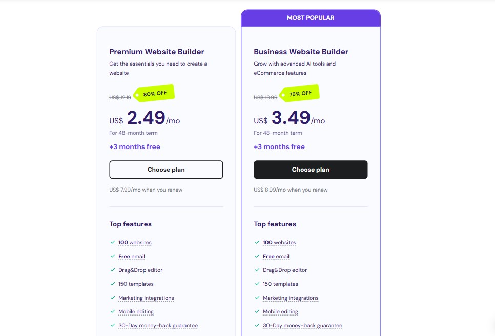 Hostinger 웹 사이트 빌더 가격