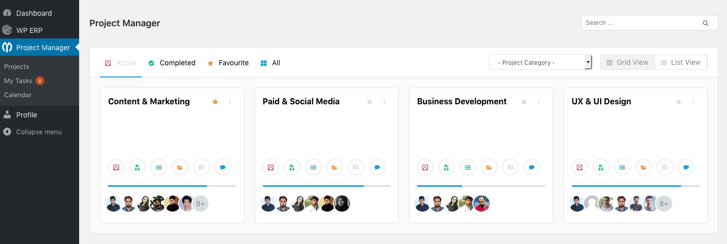 Painel do WP Project Manager