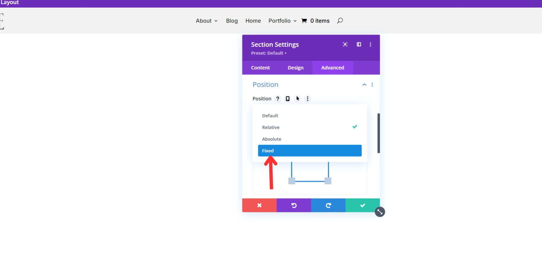 Diviのメニューに固定位置を追加する方法のスクリーンショット