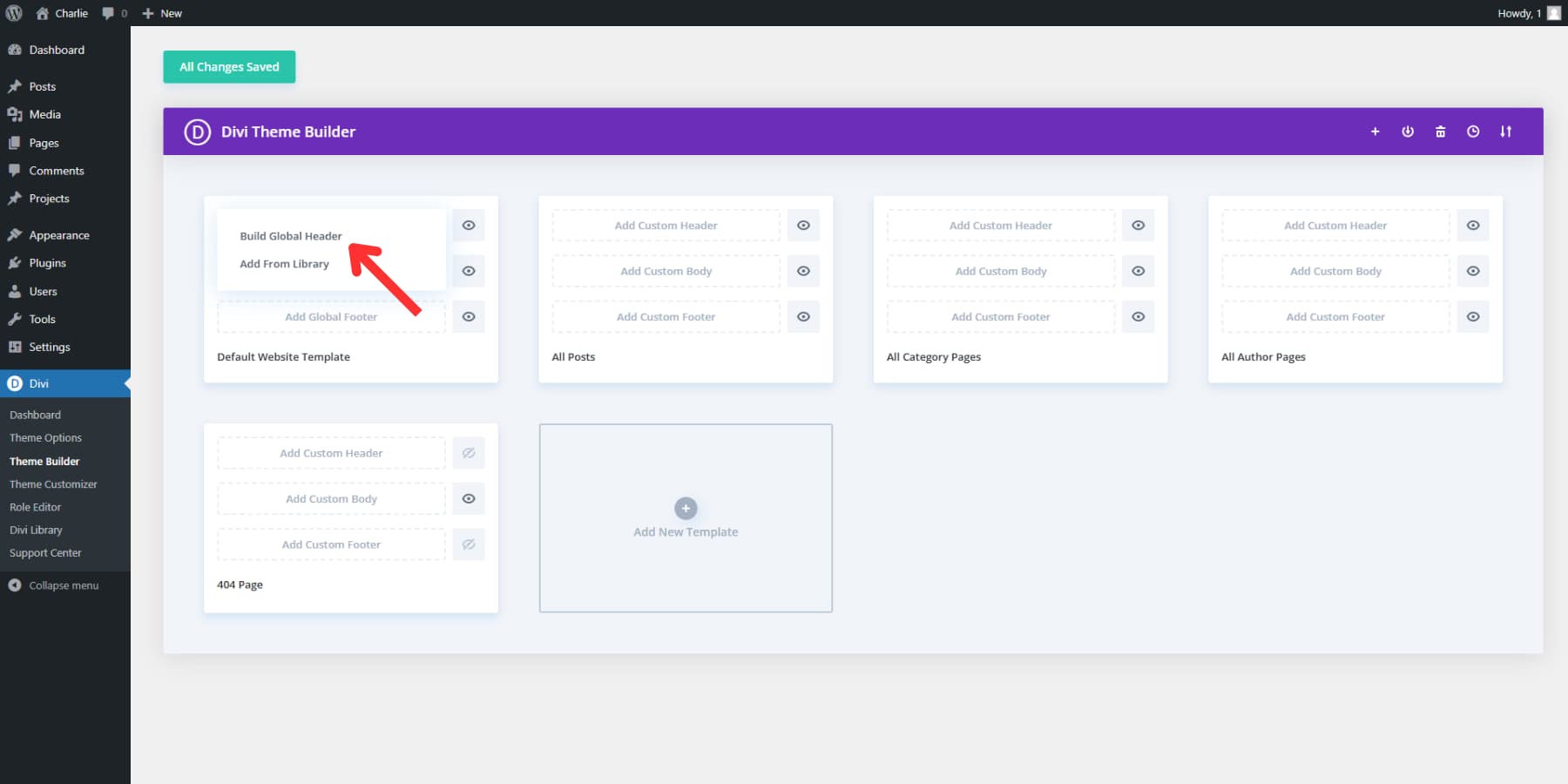 Diviのテーマビルダーでグローバルヘッダーオプションを見つける場所のスクリーンショット