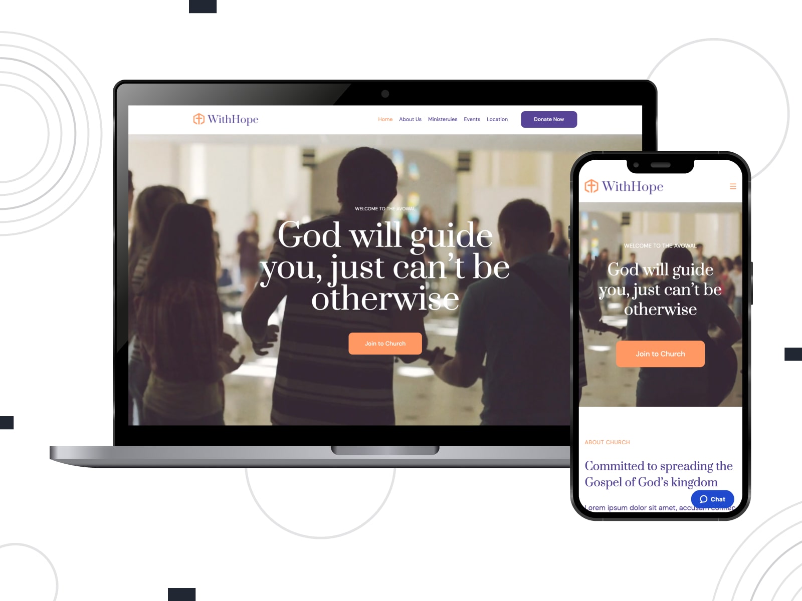 Wealhope Gutenix Church WordPress 테마의 모바일 및 데스크톱 스크린의 콜라주.