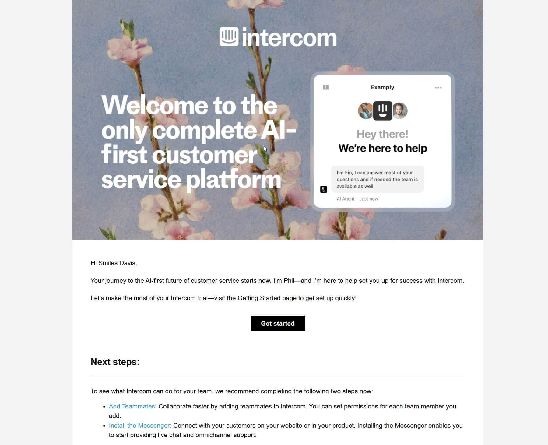 Willkommen E -Mail -Beispiel von Intercom