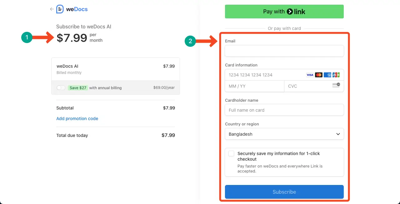 Fill the checkout page for buying the weDocs AI Chabot