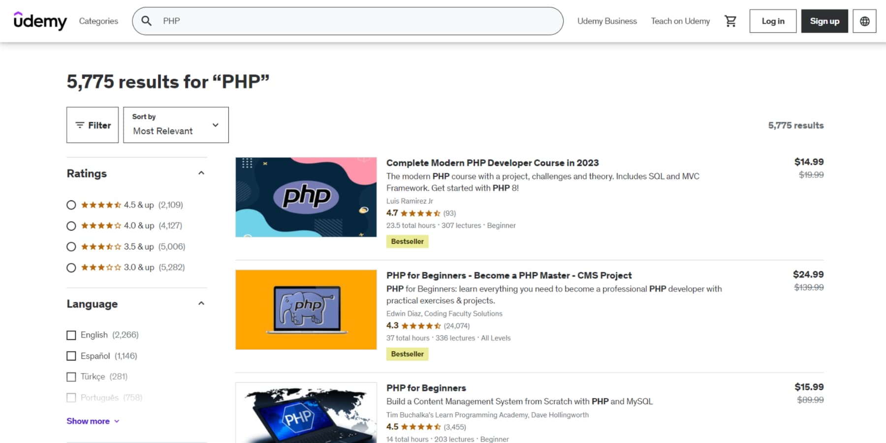 Скриншот курсов Udemy на PHP