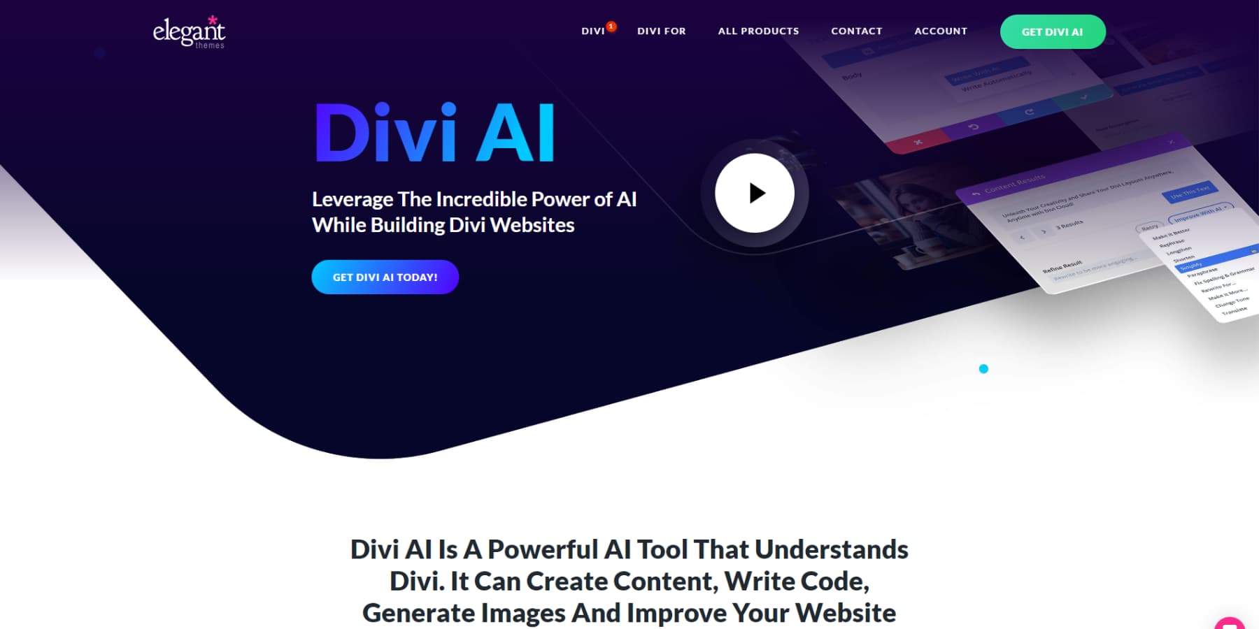 Скриншот домашней страницы Divi AI