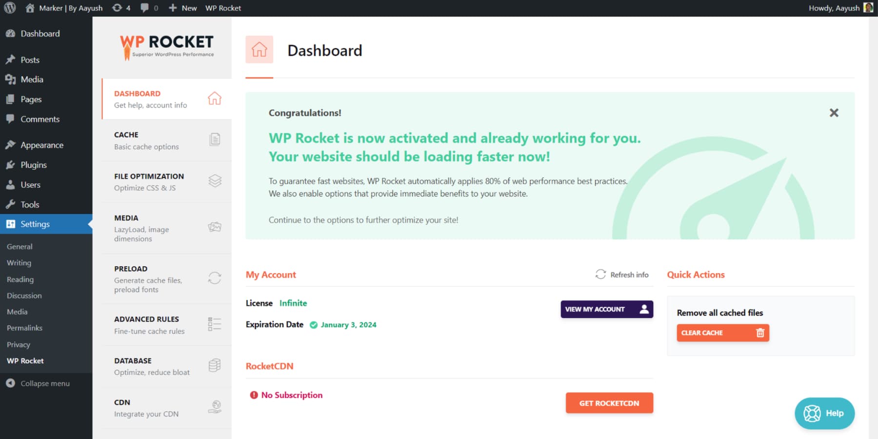 لقطة شاشة لواجهة مستخدم WP Rocket