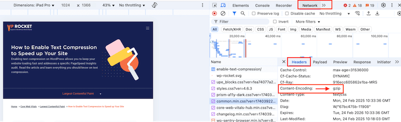 GZIP'in Dev Tools aracılığıyla etkin olup olmadığını kontrol etme - Kaynak: WP Rocket