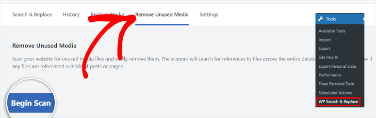 search-and-replace-everything remove unused media begin scan