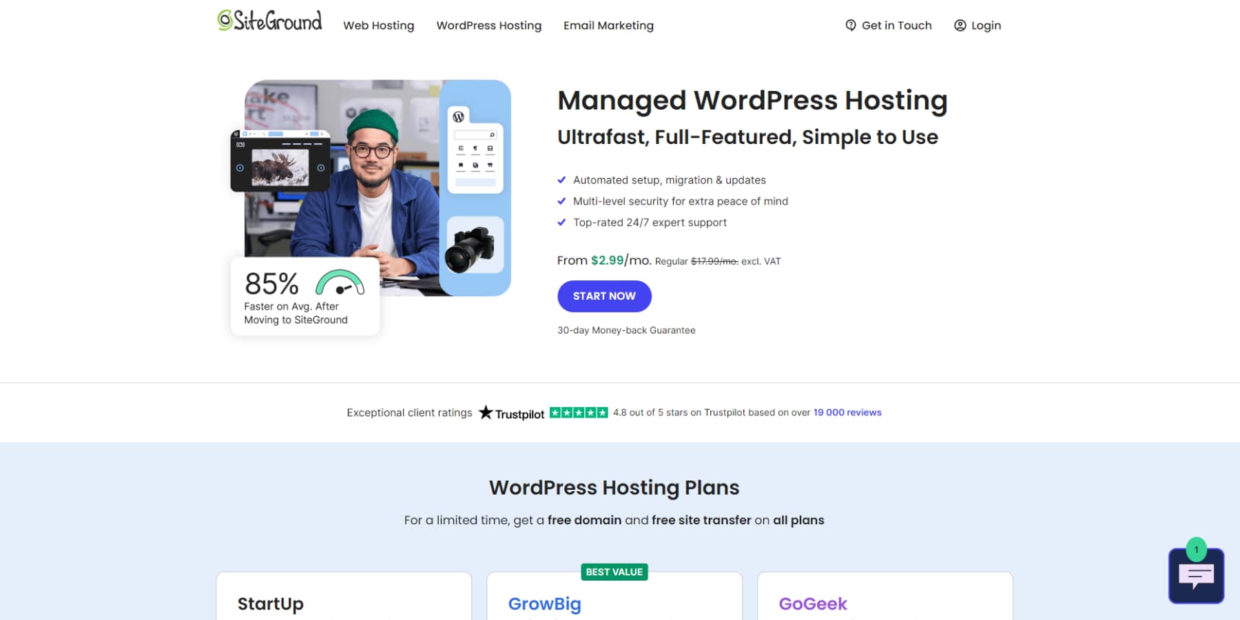 Ein Screenshot der Homepage von SiteGround WordPress Hosting