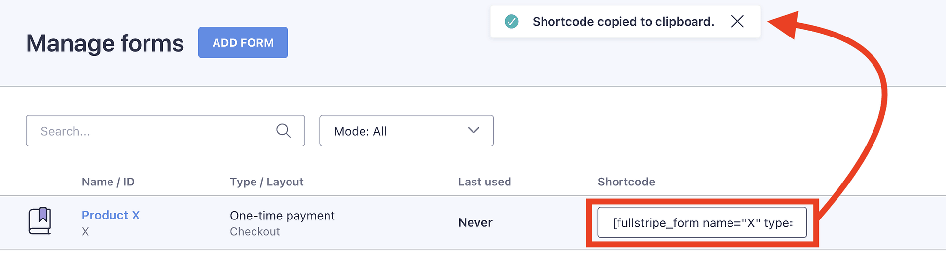 Kopieren von Produkt -Shortcode in Zwischenablage.