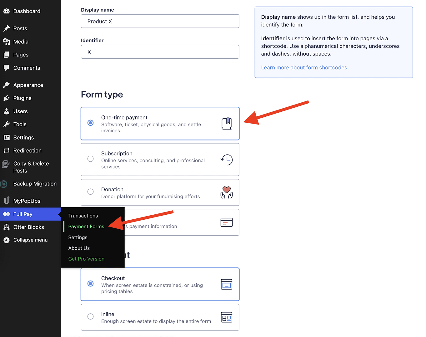 Aggiunta di un nuovo modulo di pagamento all'interno di WordPress.