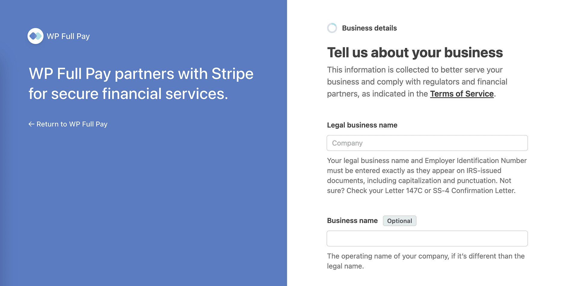 Impostazione di un nuovo account Stripe utilizzando la procedura guidata WP Full Pay Setup.