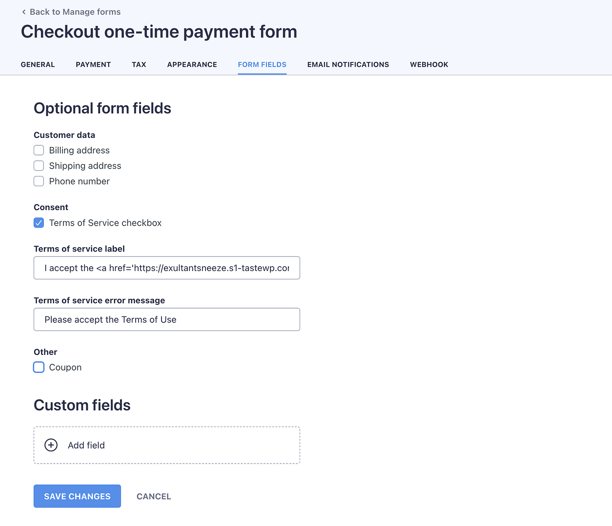 Personalizando os campos de formulário em formulário de pagamento.