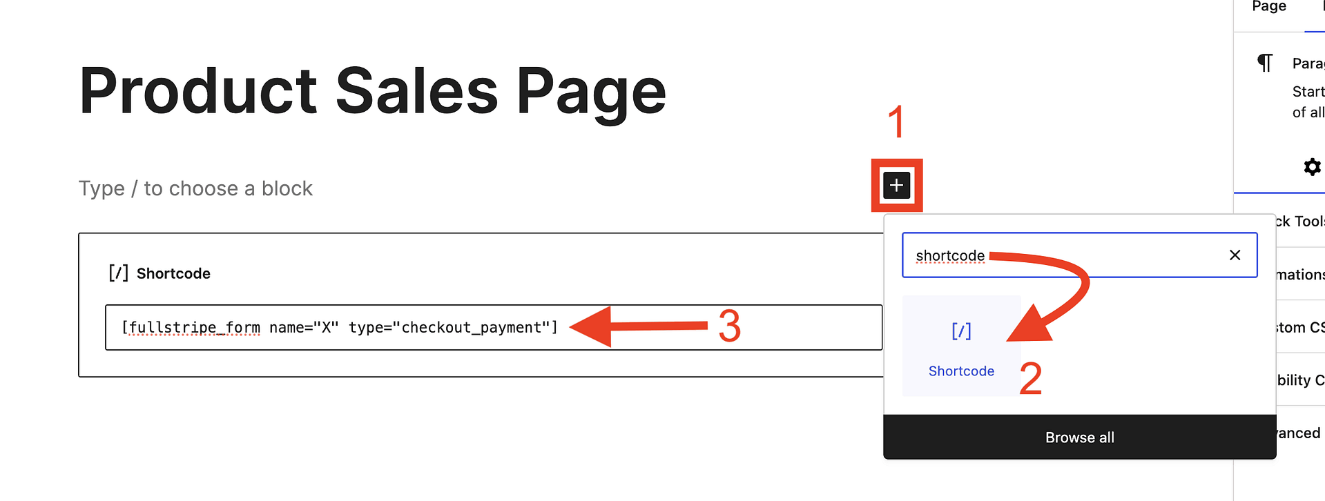 Hinzufügen des Zahlungsformulars Shortcode zum Shortcode -Block im WordPress -Editor.