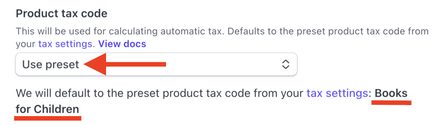 Utilisation du code fiscal Preset sur le formulaire de produit.