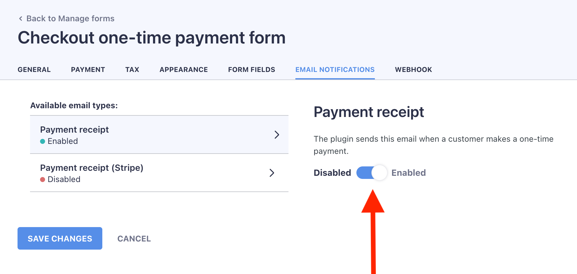 Activer les notifications par e-mail pour les reçus de paiement.