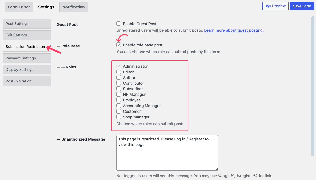 Контроль, кто может отправлять продукты, используя редактор Frontend