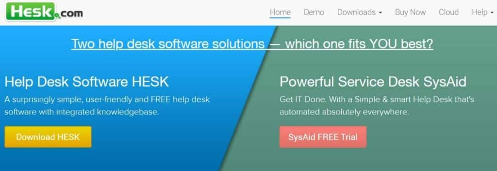 Homepage of Hesk help desk software’s website